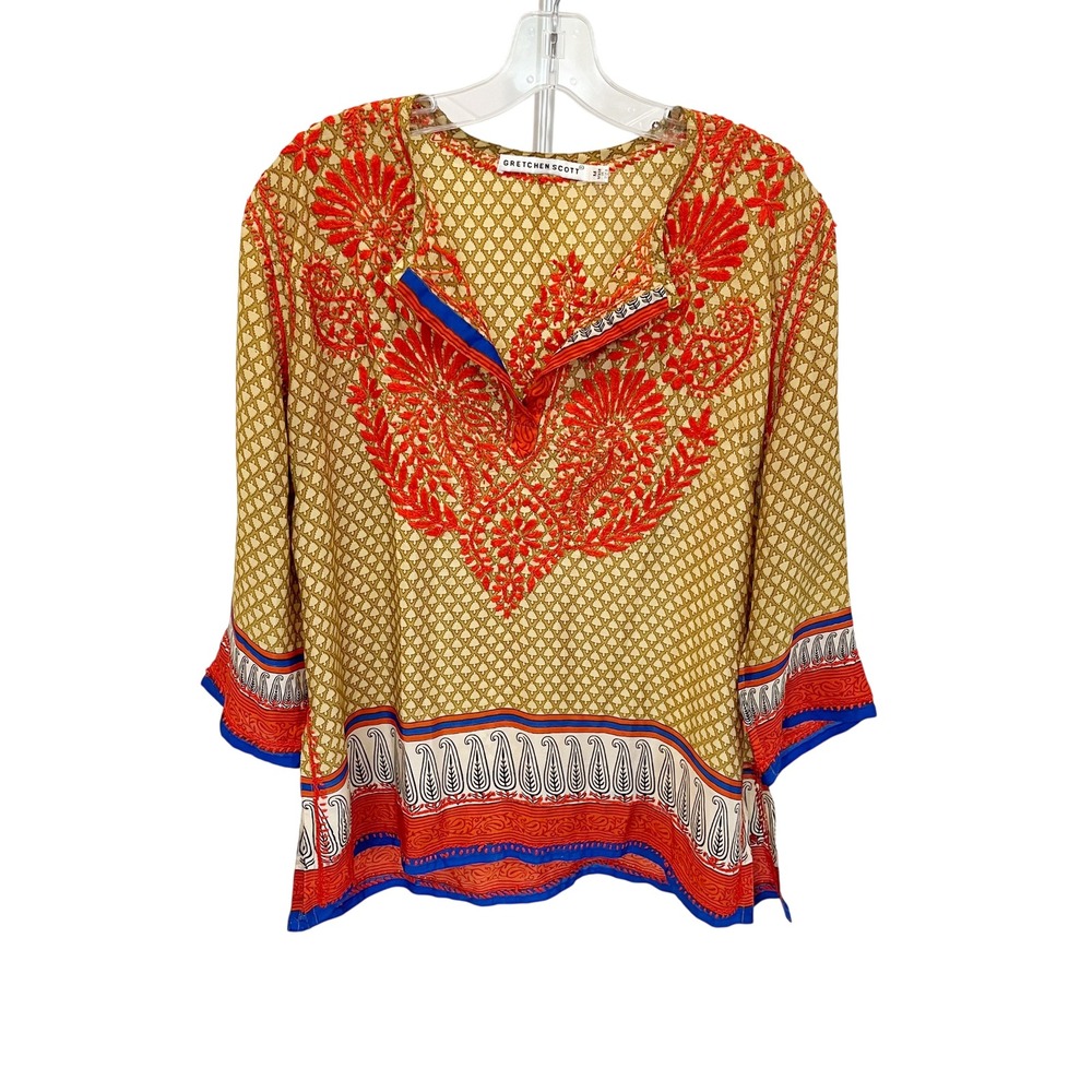 Gretchen Scott Tan Orange Embroidered Paisley Tunic Top Boho - Size Medium